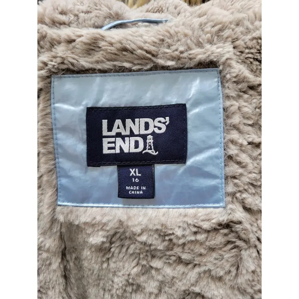 Lands End Blue Metallic Soft Puffer Parka Jacket Faux Fur Lined Girls XL 16 Coat